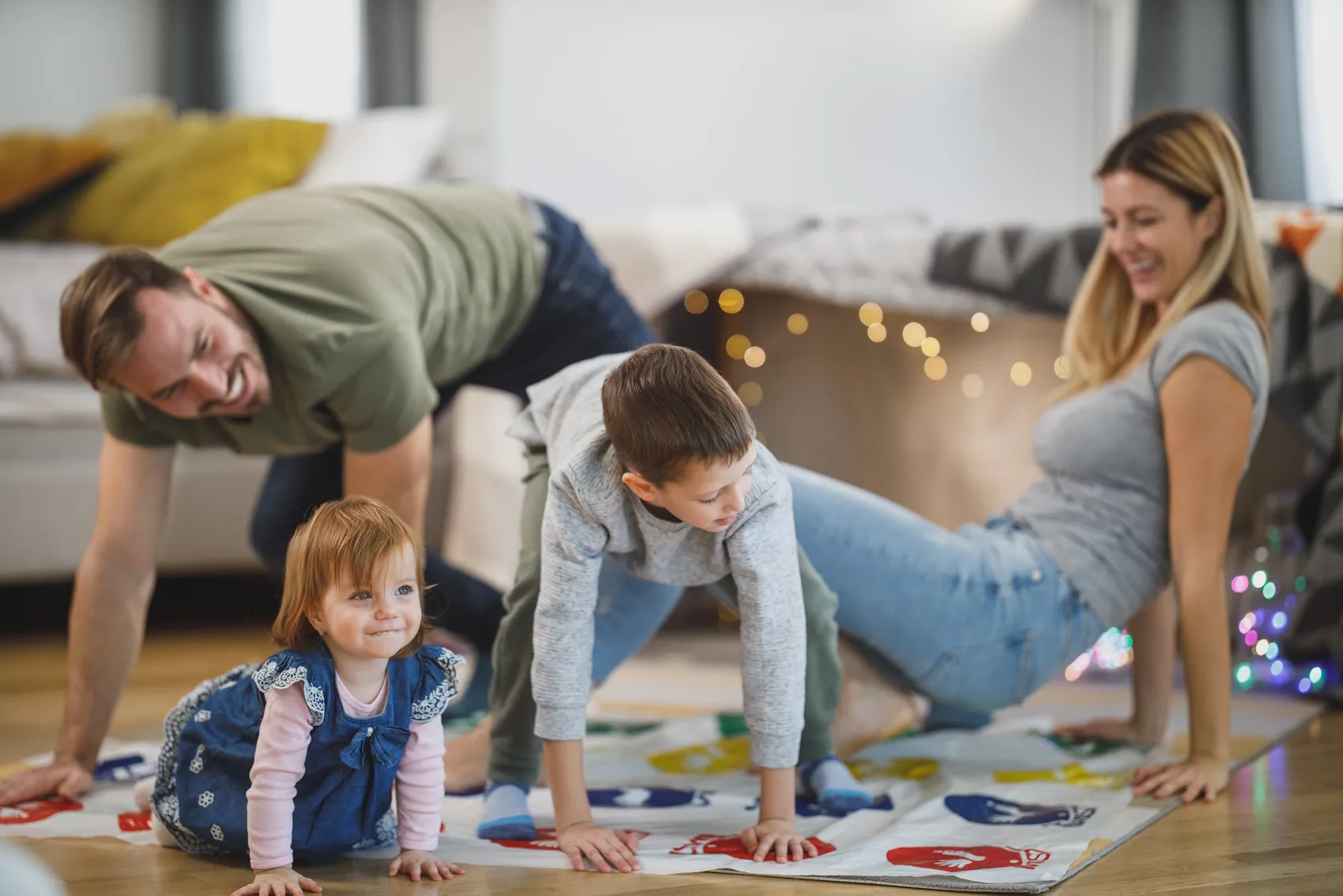A family playing a game together, moving freely